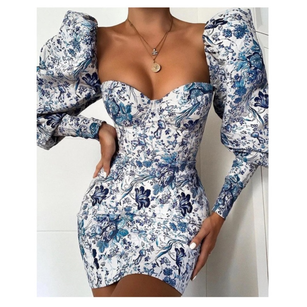 Blue Floral Puff Long Sleeve Dress - House of CB